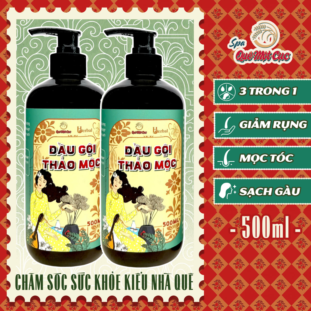 Dầu gội thảo dược 3 trong 1: giảm rụng, mọc tóc, sạch gàu Spa Quê Một Cục 500ml