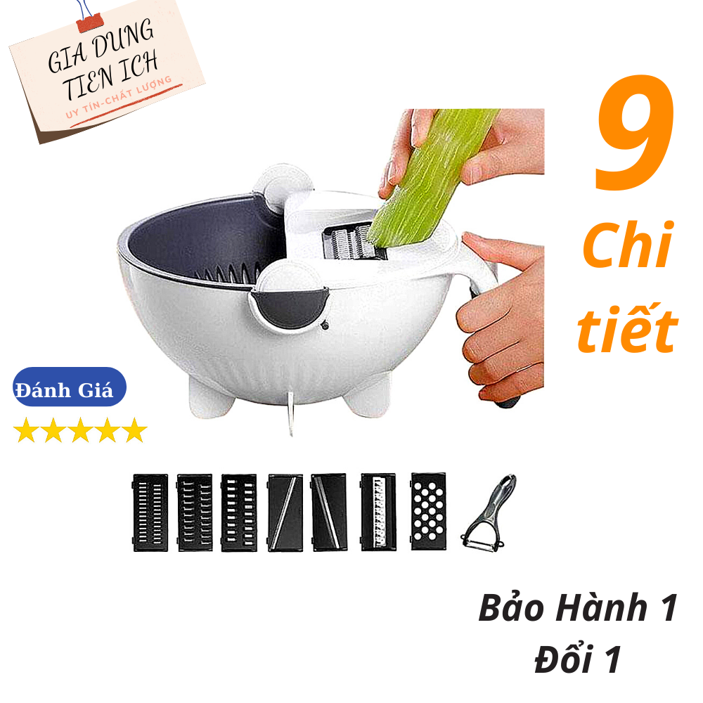 Bộ Dụng Cụ Nạo Rau Củ Qủa Đa Năng 9 in 1,Dụng cụ cắt gọt rau quả thông minh, Dụng cụ cắt thái rau củ, Bộ Rổ Rửa Kèm Nạo 9in1 Đa Năng Hỗ Trợ Bào Sợi, Thái Lát, 7 Lưỡi Cắt Thay Thế, An Toàn Vệ Sinh, Tiết Kiệm Thời Gian