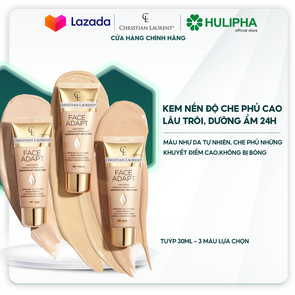 Kem Nền Lâu Trôi Che Phủ Cao Christian Laurent Siêu Dưỡng Ẩm 24 Tiếng, Thành Phần Tự Nhiên, 3 Màu Lự