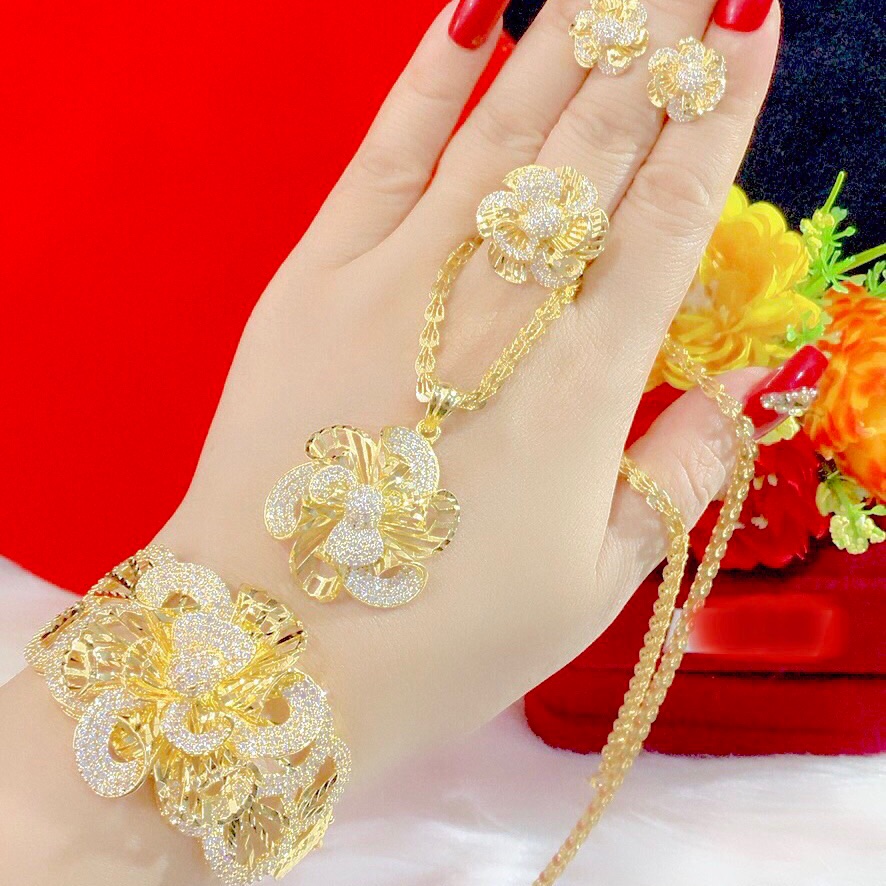 Set bộ trang sức kiểu hoa xoáy mạ vàng 18k cao cấp 4 món y hình cực đẹp