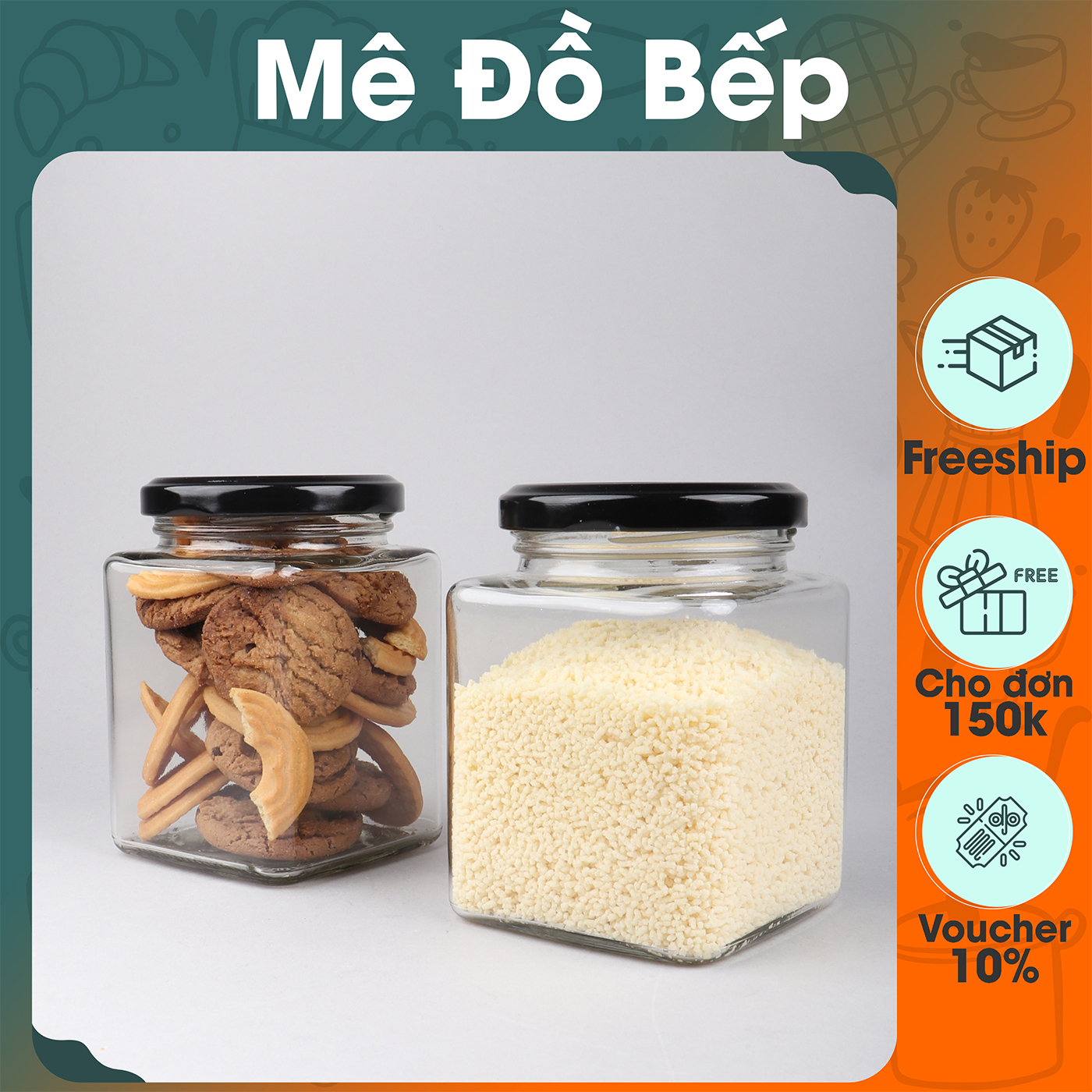 Hủ thuỷ tinh vuông 450ml có nắp nhôm giúp bảo quản gia vị và thực phẩm tốt cao cấp HV01 - Gia dụng bếp