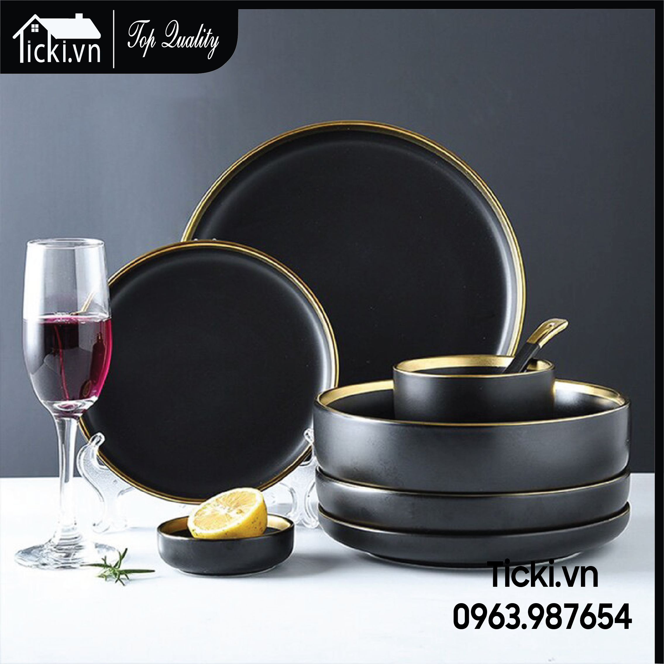 Bộ bát đĩa đẹp màu đen viền vàng phong cách Bắc Âu sang trọng gốm sứ bát tràng Ticki - Quality