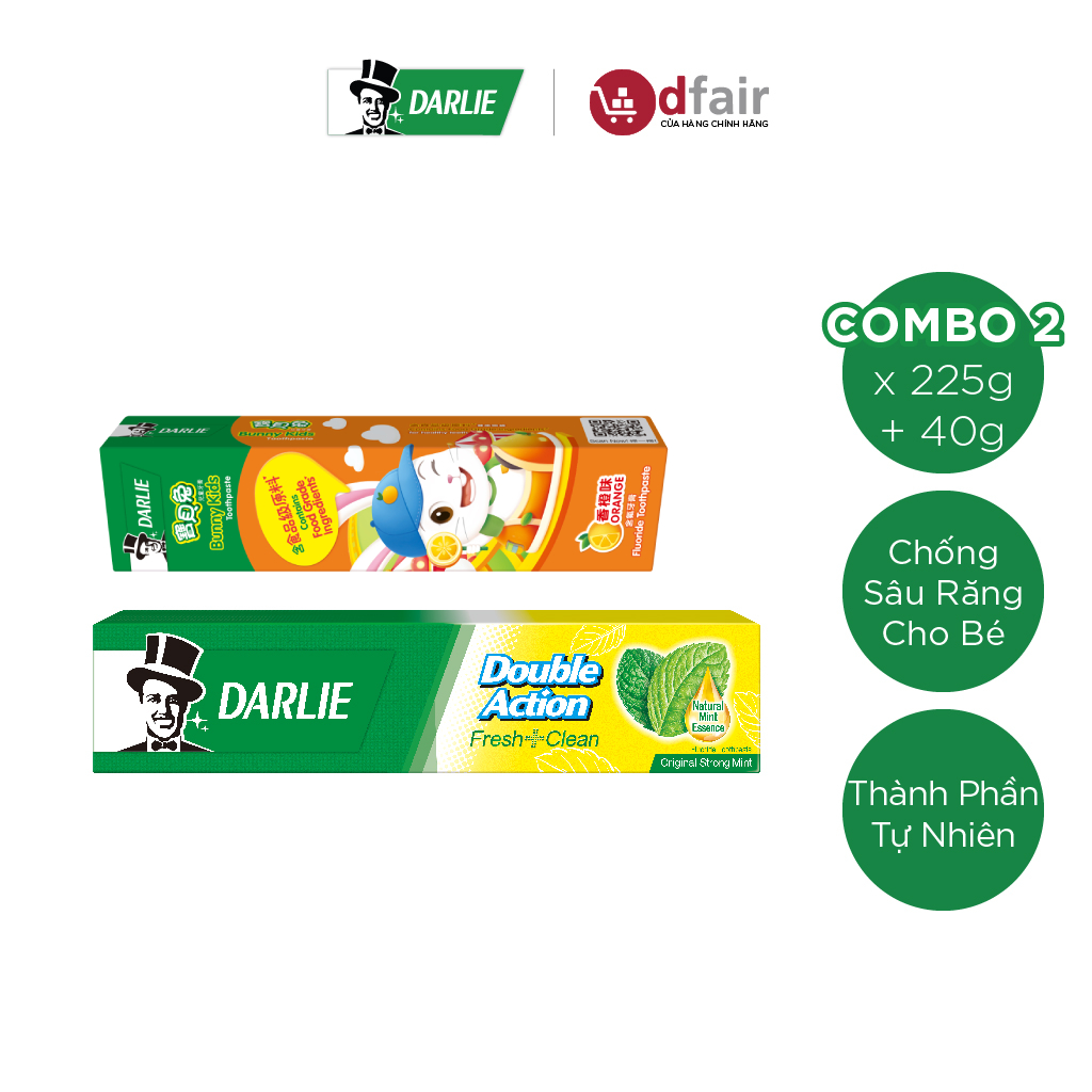 Bộ 2 kem đánh răng darlie double action fresh clean 225g + bunny kids organge 40g