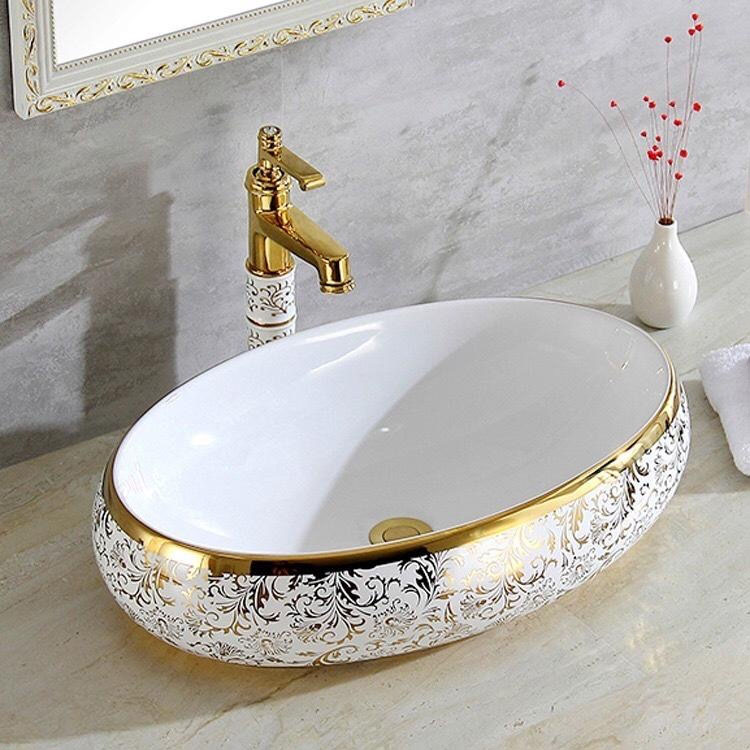 Chậu lavabo đặt bàn hoa văn mạ vàng, chậu rửa mặt, rửa tay, chậu lavabo phòng tắm , lavabo k-la05