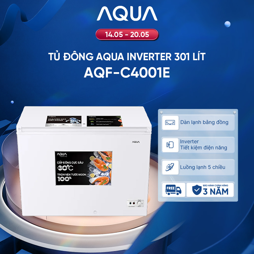 Tủ đông Aqua Inverter 301 lít AQF-C4001E, màu trắng tinh tế, kích thước 1110x620x845mm