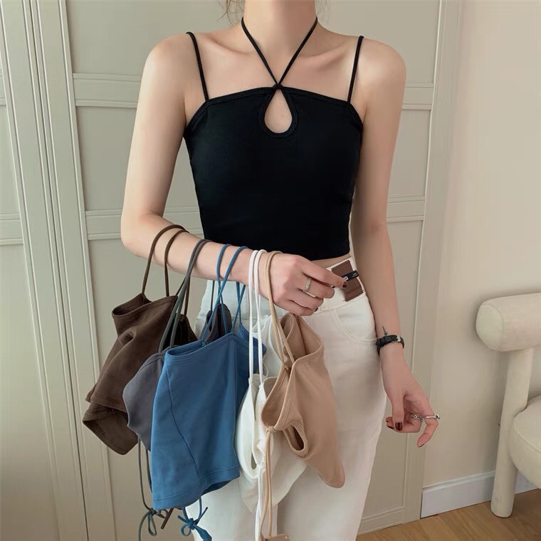 Áo croptop nữ kiểu yếm cột dây hai dây ôm body tôn dáng hàng Quảng Châu chất dệt kim siêu mịn freesize dưới 52kg
