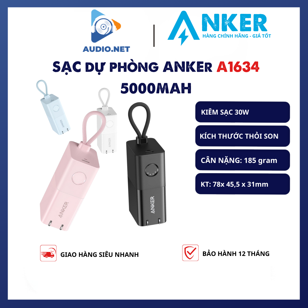 Pin sạc dự phòng anker a1634 kích thước siêu nhỏ, kiêm củ sạc nhanh 5000mah 30w - bảo hành 12 tháng