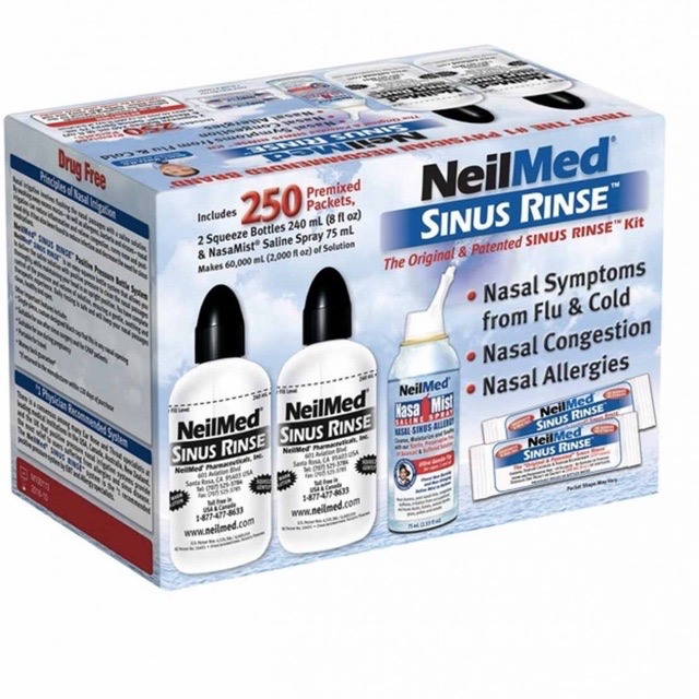 Combo Bộ nước muối rửa mũi NeilMed Sinus RíSE 2 bình, 1 xịt, 250 gói DATE
