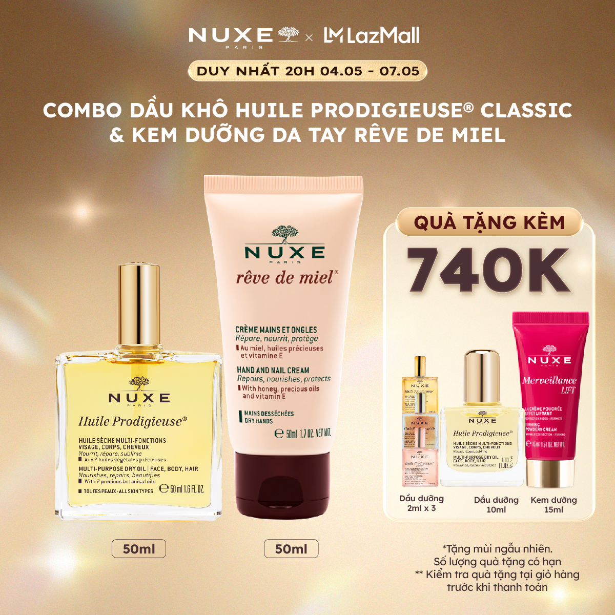 Combo Dầu khô đa năng Nuxe Huile Prodigieuse 50ml  Kem dưỡng da tay và móng Nuxe Reve De Miel 50ml