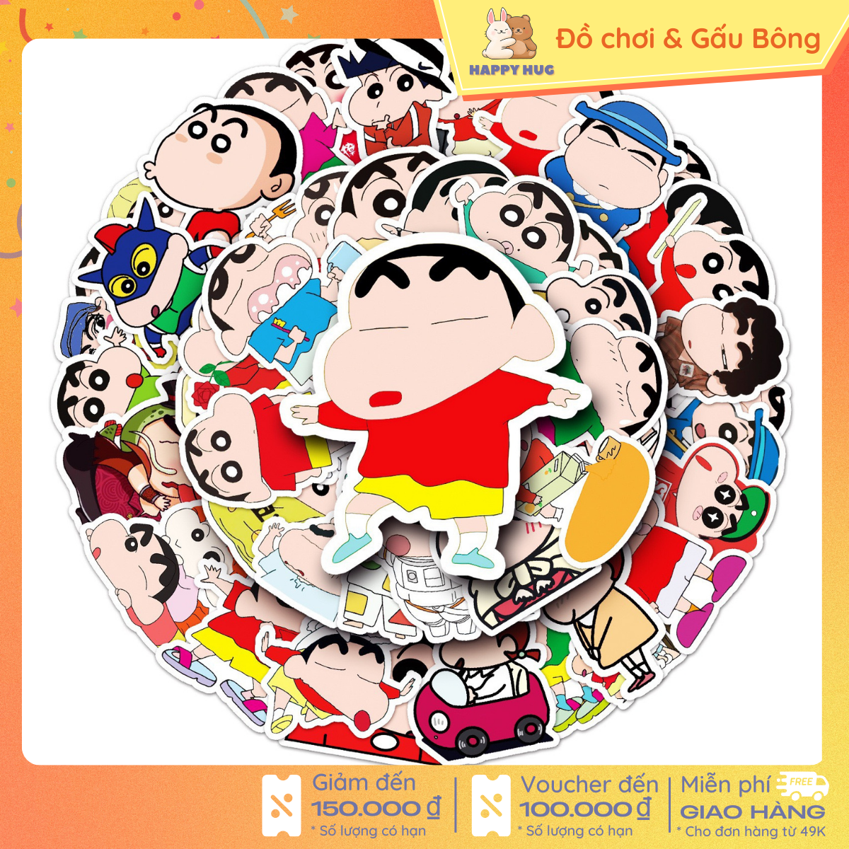Sticker cute set 50 tấm shin - cậu bé bút chì, hình dán mũ, trang trí sổ, dán xe, laptop, chống thấm nước - happy hug