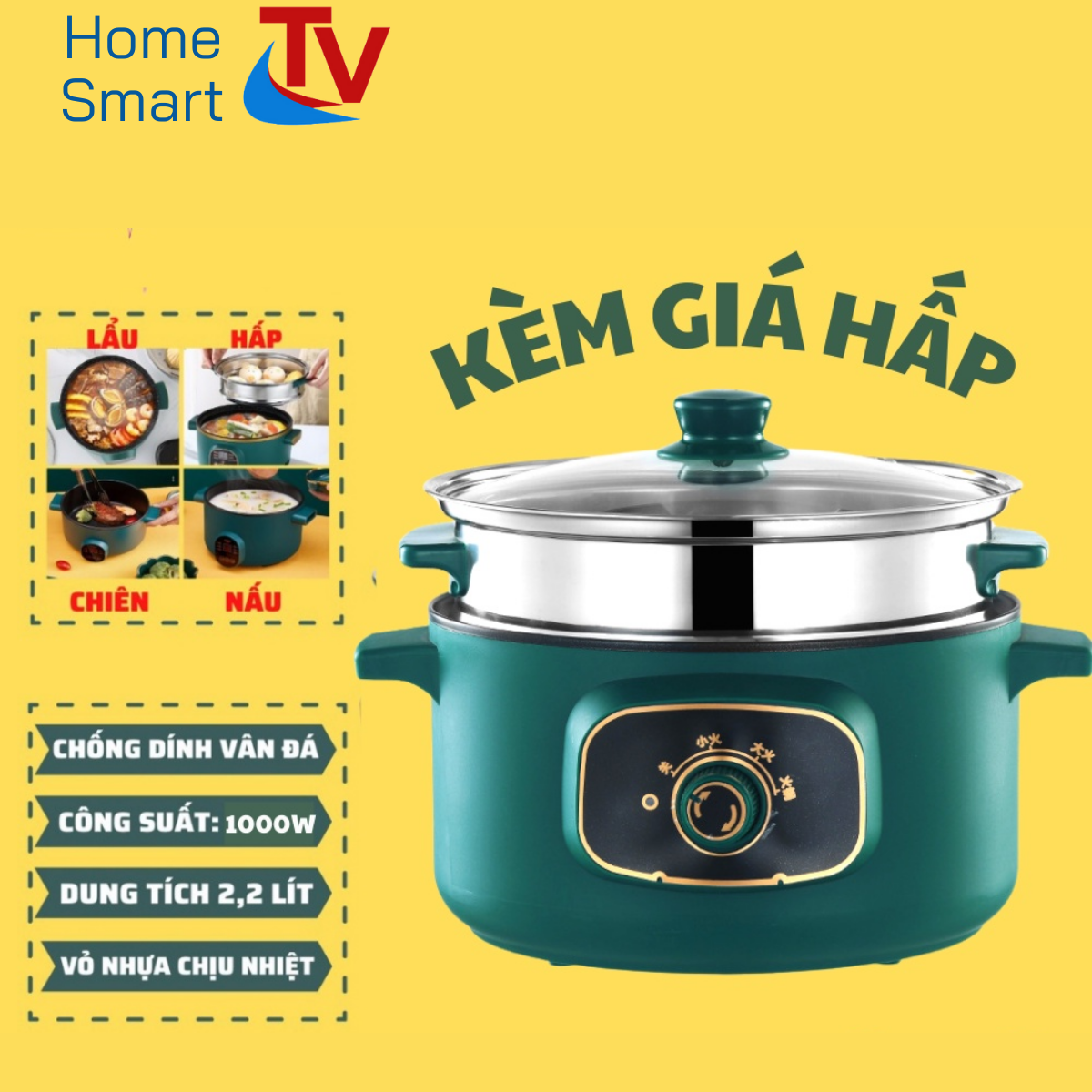 Nồi Lẩu Điện Chống Dính 3 Nấc Nhiệt Kèm Giá Hấp Inox Size 26-28cm-Nồi Nấu Đa Năng Chống Dính Kèm Giá Hấp