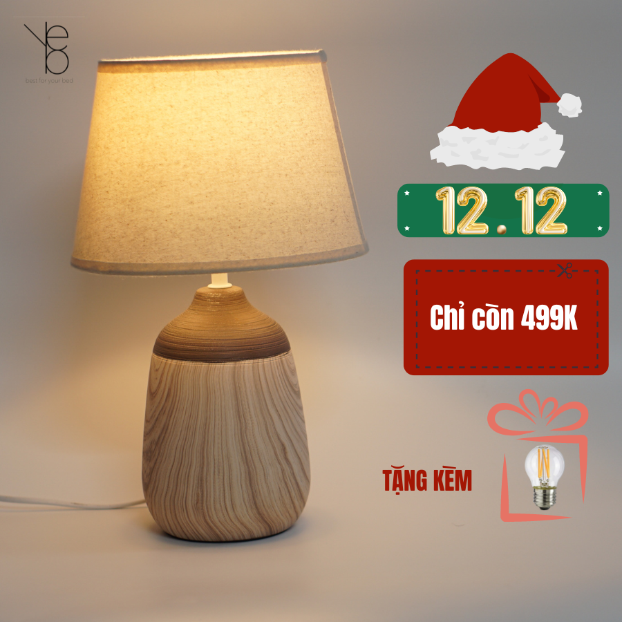 Đèn Ngủ Để Bàn Thân Gốm Vân Gỗ Vintage, Điều Chỉnh Độ Sáng, Chao Vải, Led Ánh Sáng Vàng, Dùng Decor Phòng Ngủ - YOBE S11