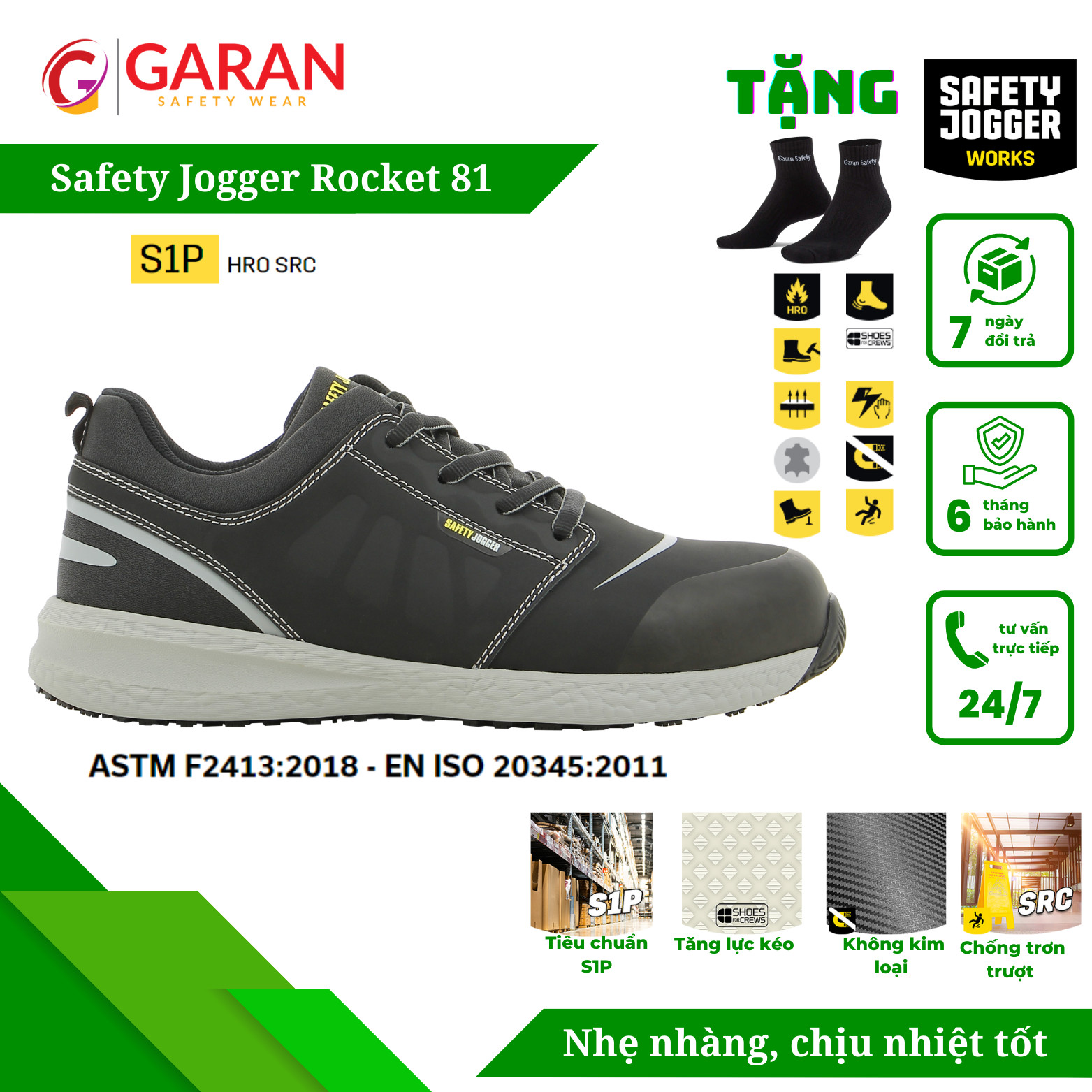 Giày bảo hộ chống trượt jogger rocket 81 s1p hro src
