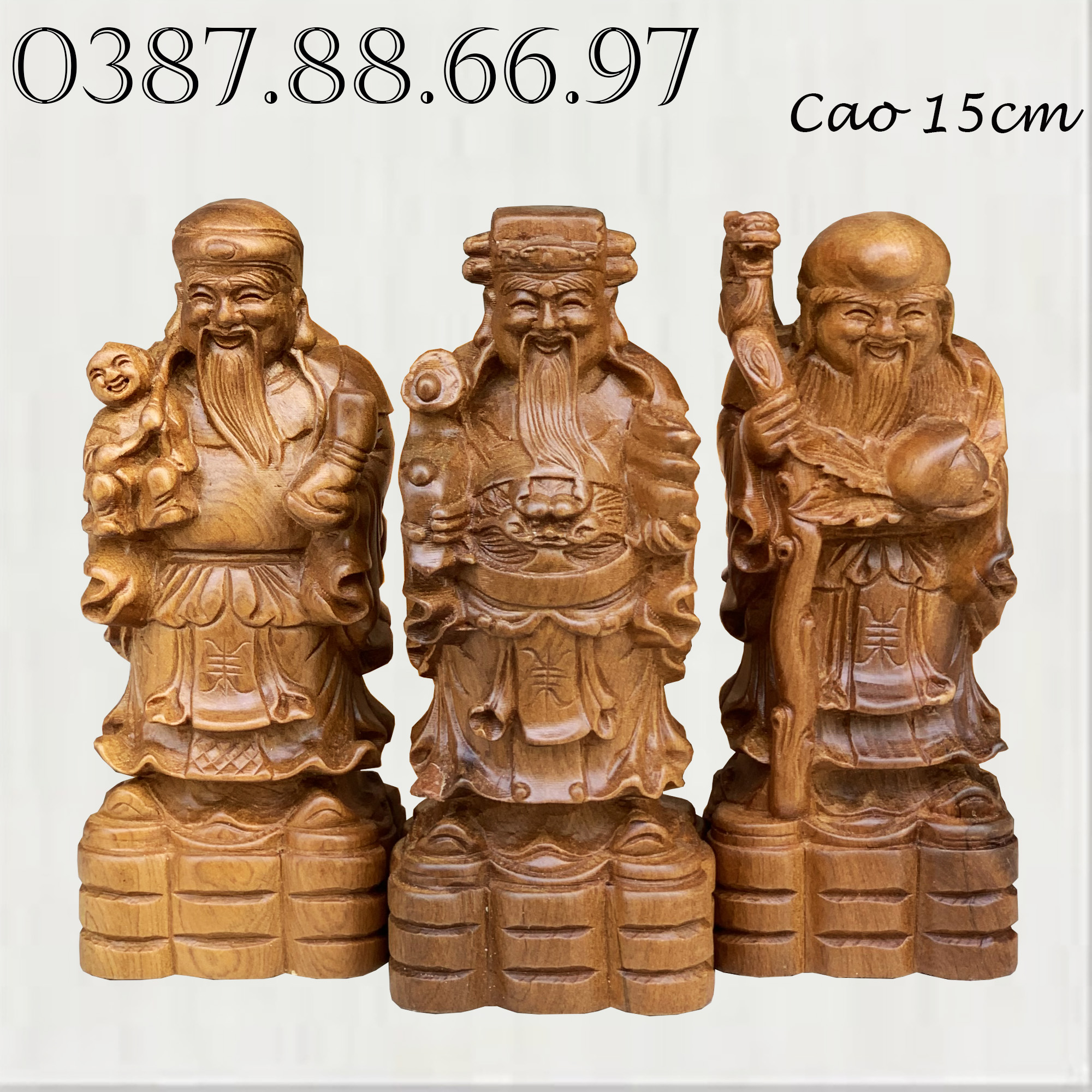 Bộ tượng tam đa phúc lộc thọ cao 15cm chất liệu gỗ bách xanh cực đẹp
