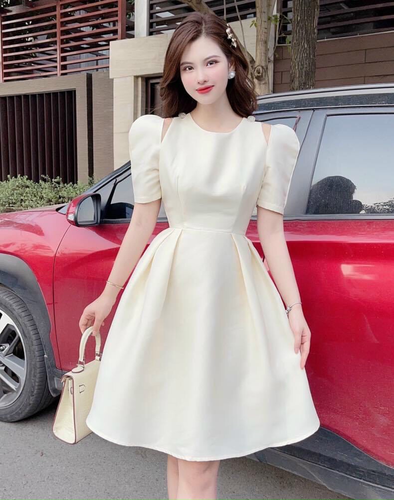 Đầm thiết kế ôm eo dáng xòe, váy đi tiệc vải tapta, đầm đi tiệc cổ tròn, đầm tay phồng, váy xòe bồng mặc đi chơi, váy đi tiệc cut vai sang chảnh