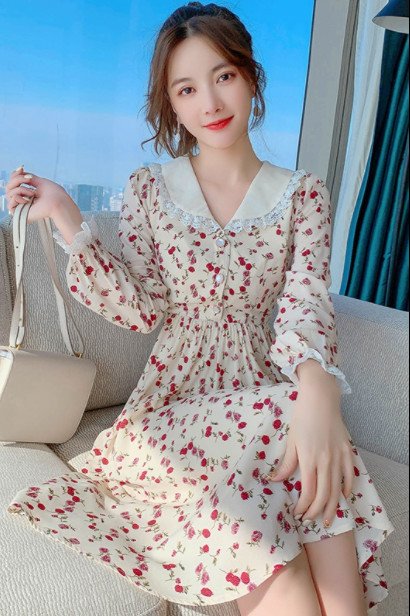 Váy đầm maxi hoa nhí voan hoa dài tay phồng vintage xoè đuôi cá thắt dây eo tiểu thư
