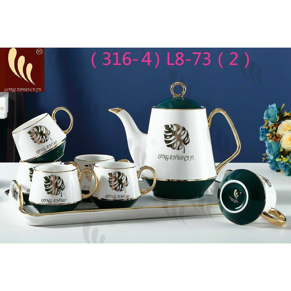 Bộ ấm chén sứ trắng lá Trầu Bà đế xanh