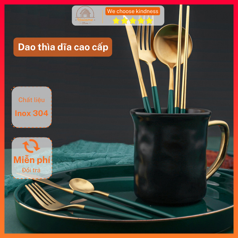 Phụ kiện bàn ăn dao thìa dĩa muỗng inox 304 xanh cổ vịt mạ vàng, bạc cao cấp