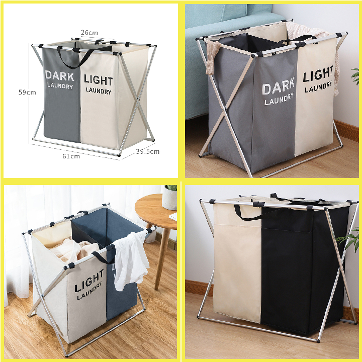 Giỏ đựng quần áo 2 ngăn, Túi đựng đồ dơ ,bẩn,Sọt đựng quần áo giặt khung nhôm chống nước