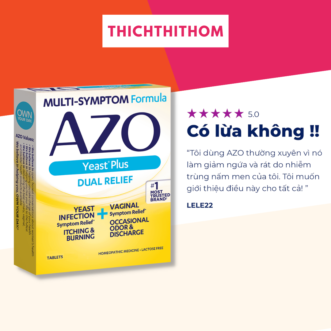 EXP 6/23 Viên uống giảm triệu chứng nhiễm trùng nấm men Azo Yeast Plus Dual - 60 viên