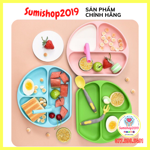 Khay ăn dặm silicon cao cấp 3 ngăn có đế hít chống lật đổ SUMISHOP2019