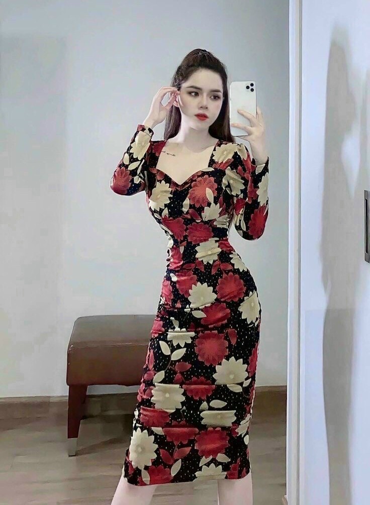 Đầm nữ ôm body tay dài in hoa thời trang nữ linh lan ih75
