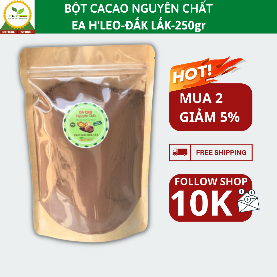 Bột ca cao nguyên chất organic 250g xuất xứ Đắk lắk mùi vị thơm ngon giúp tăng cường trao đổi chất.
