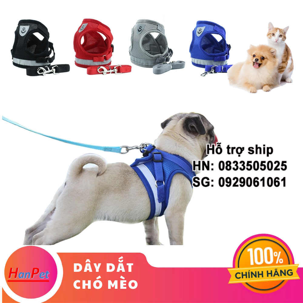 Hanpet - Bộ dây dắt chó kèm đai áo ngực xịn có điều chỉnh kích thước dây dắt chó mèo kèm áo vest