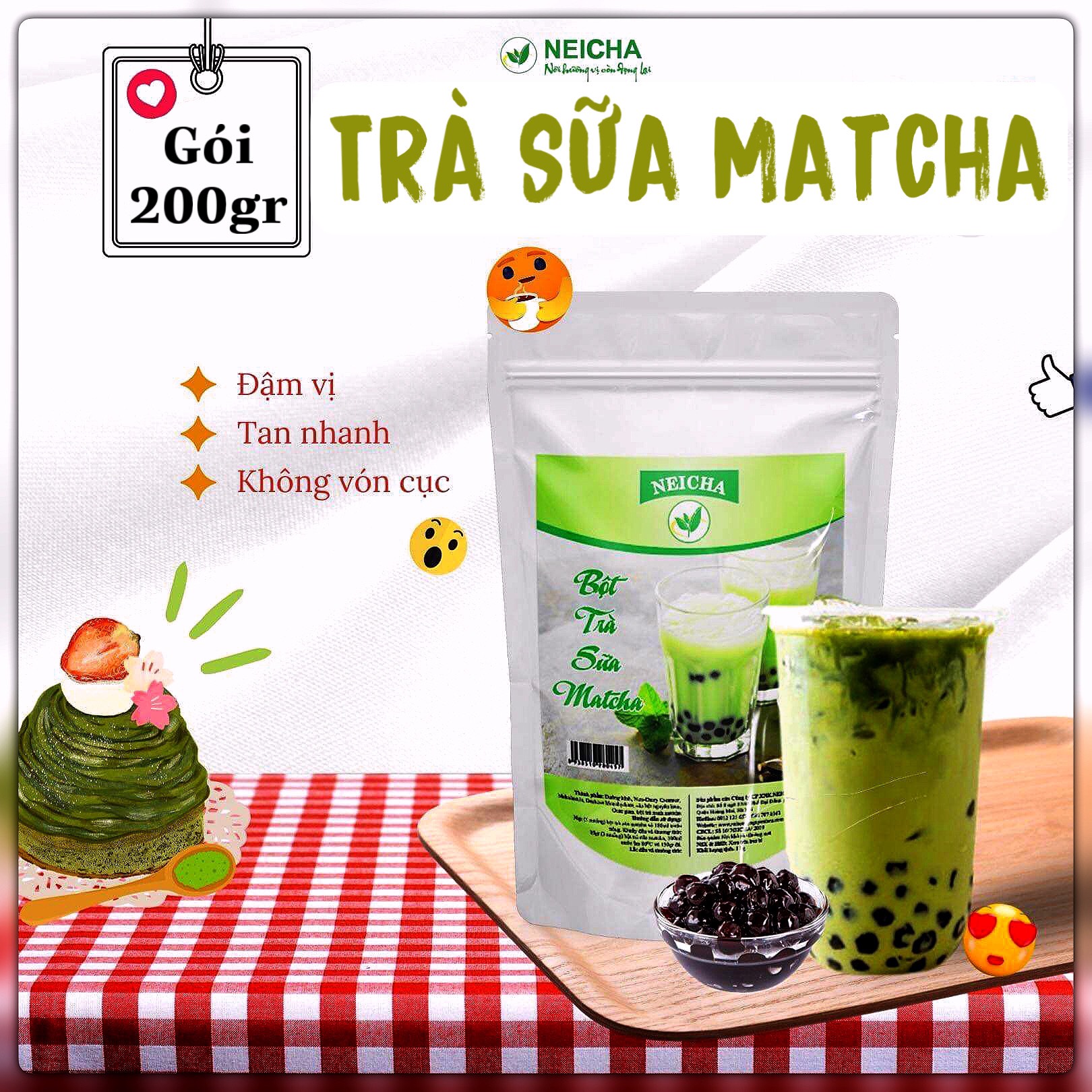 Trà sữa neicha vị matcha gói 200gr/ bột trà sữa pha sẵn tiện lợi, thơm ngon chuẩn vị