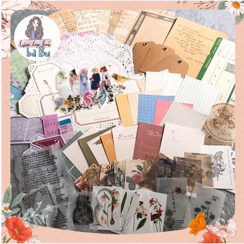 Set vintage với giấy nền, stickers, giấy can, labels và tag giấy