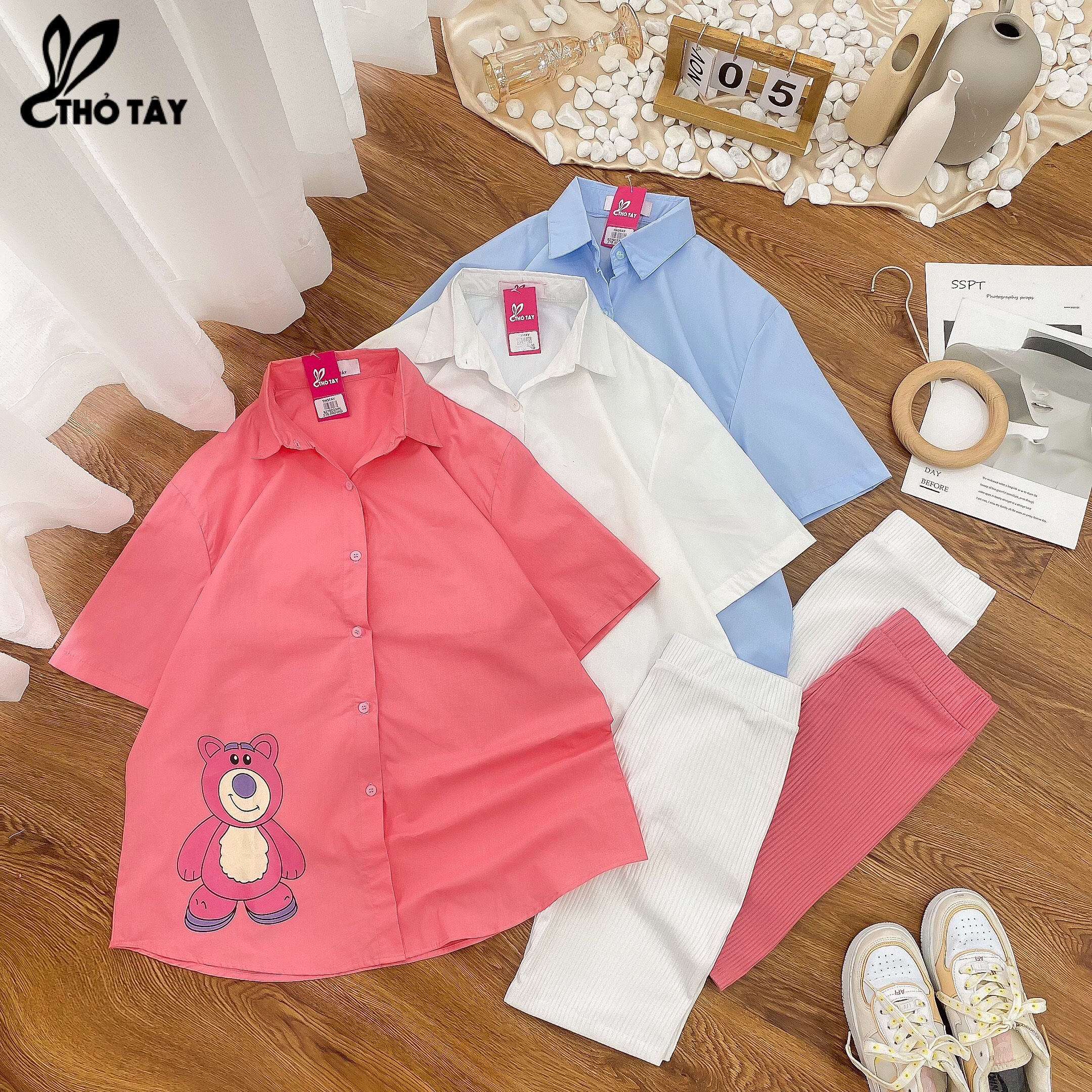 Set bộ nữ áo sơ mi thêu hình gấu - thỏ tây s279c330