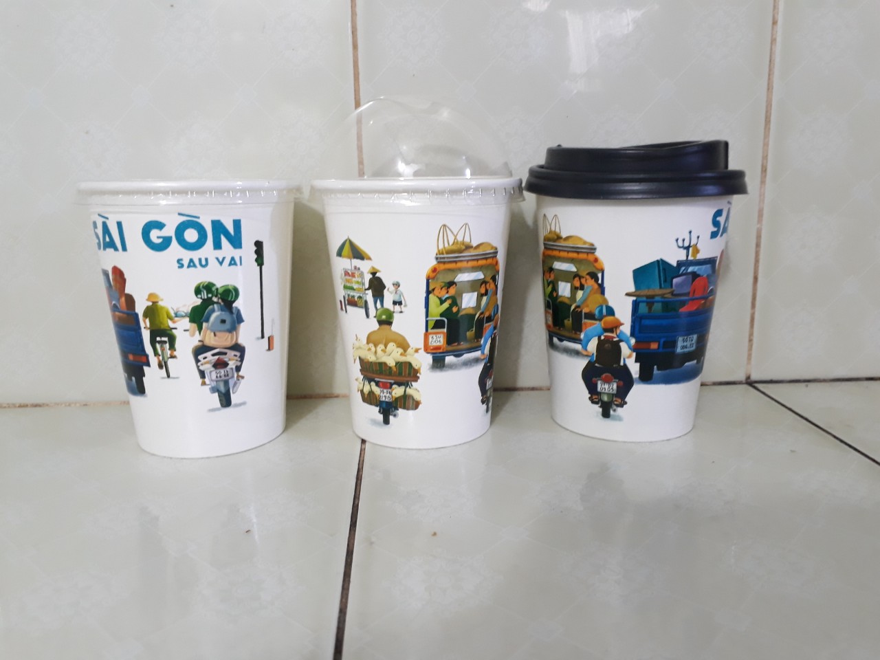 Ly giấy 360ml - 14oz mẫu Sài Gòn Sau Vai, Set 100 cái kèm nắp