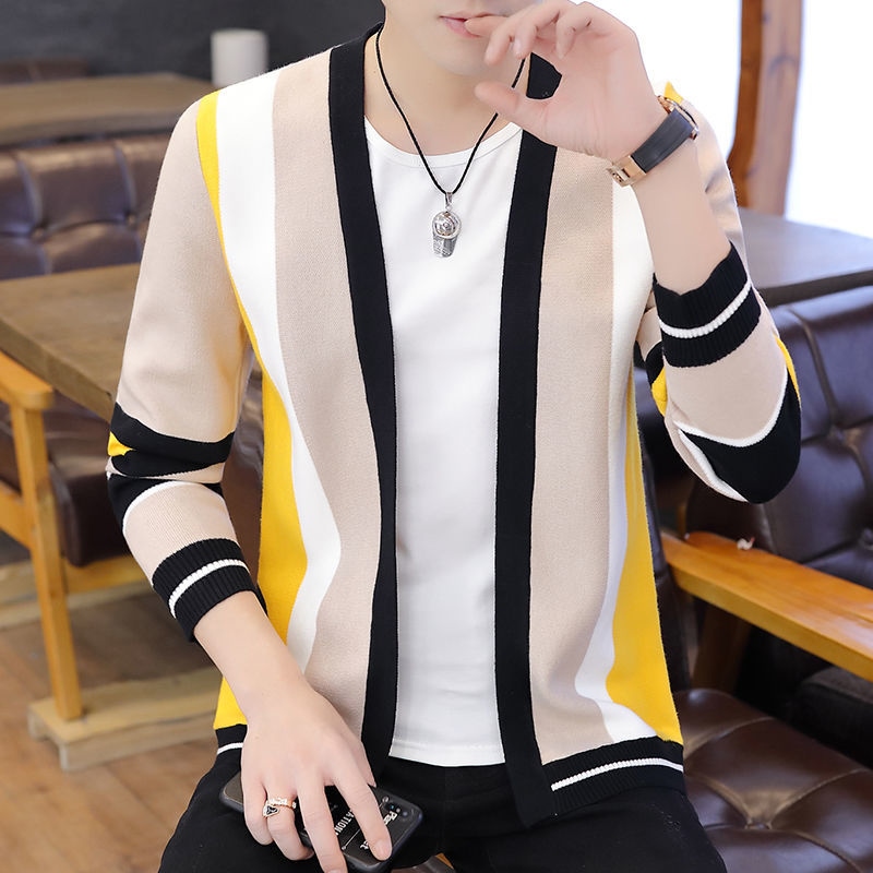 ❀✆✹ Áo len nam mùa xuân Hàn Quốc xu hướng áo len cardigan dáng dài Áo khoác len nam mùa xuân và mùa thu áo len đan dây
