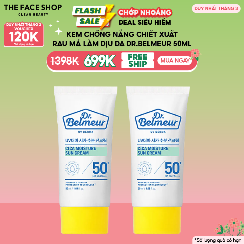 Combo 2 Kem Chống Nắng Dr.Belmeur Bảo Vệ Làm Dịu Da UV Derma Cica Moisturizing Sun Cream 50ml