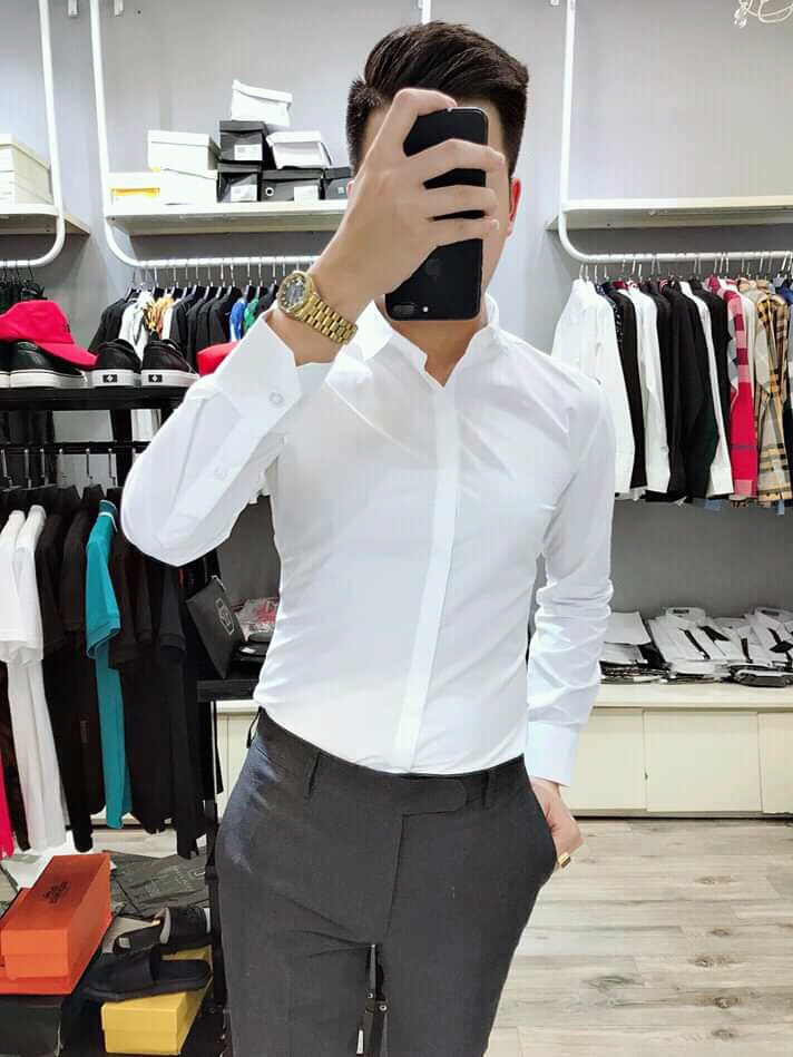 [ HÀNG CAO CẤP] Áo sơ mi nam dài tay màu trắng tà lượn giấu cúc tinh tế, form slim phong cách Hàn Quốc