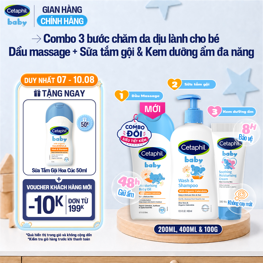Combo Sữa tắm gội CETAPHIL BABY CALENDULA 400ML  Dầu massage dưỡng ẩm Baby Oil 200ml  Kem dưỡng ẩm Moisturising tuýp 100g
