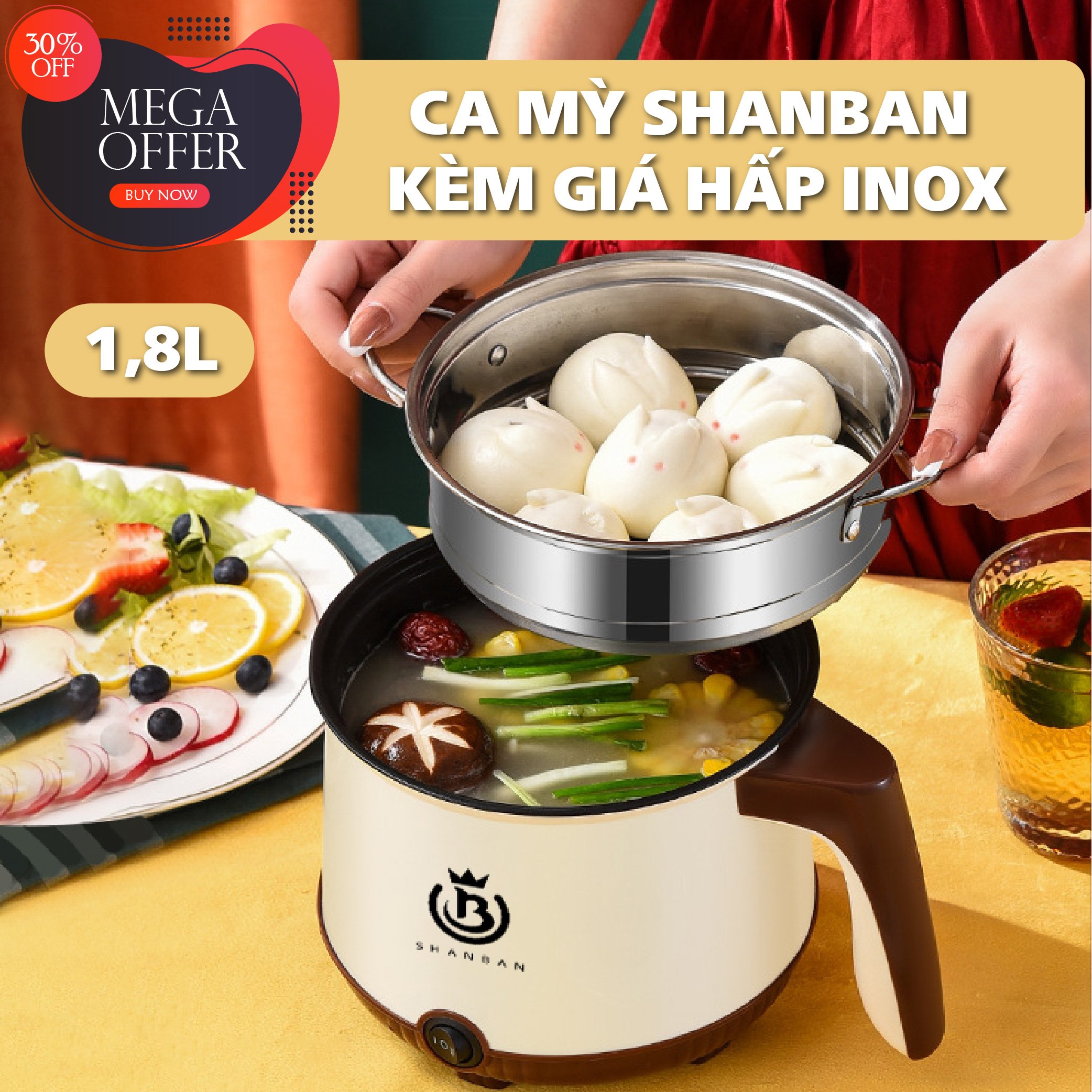 Ca mì siêu tốc - nồi lẩu mini - ca mì 1.8l có giá hấp inox, ca mì mini - ca mì có giá hấp inox 2 in 1 siêu tốc tiện lợi-nồi nấu mì mini kèm lồng hấp 18cm