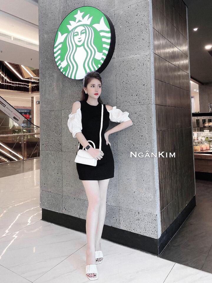 Đầm cát hàn phối hai màu hở vai gợi cảm ttsa0542