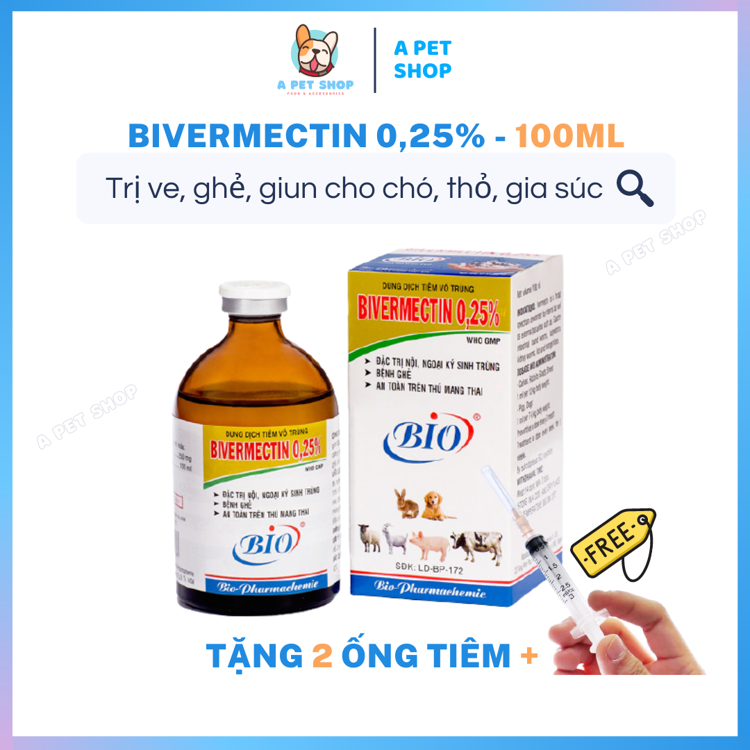 (Tặng ống tiêm) Diệt Giun, Ve, Ghẻ Cho Chó - Thỏ Gia Súc BIO BIVERMECTIN 025% 100ml Diệt Nội Ngoại Ký Sinh Trùng A Pet Shop