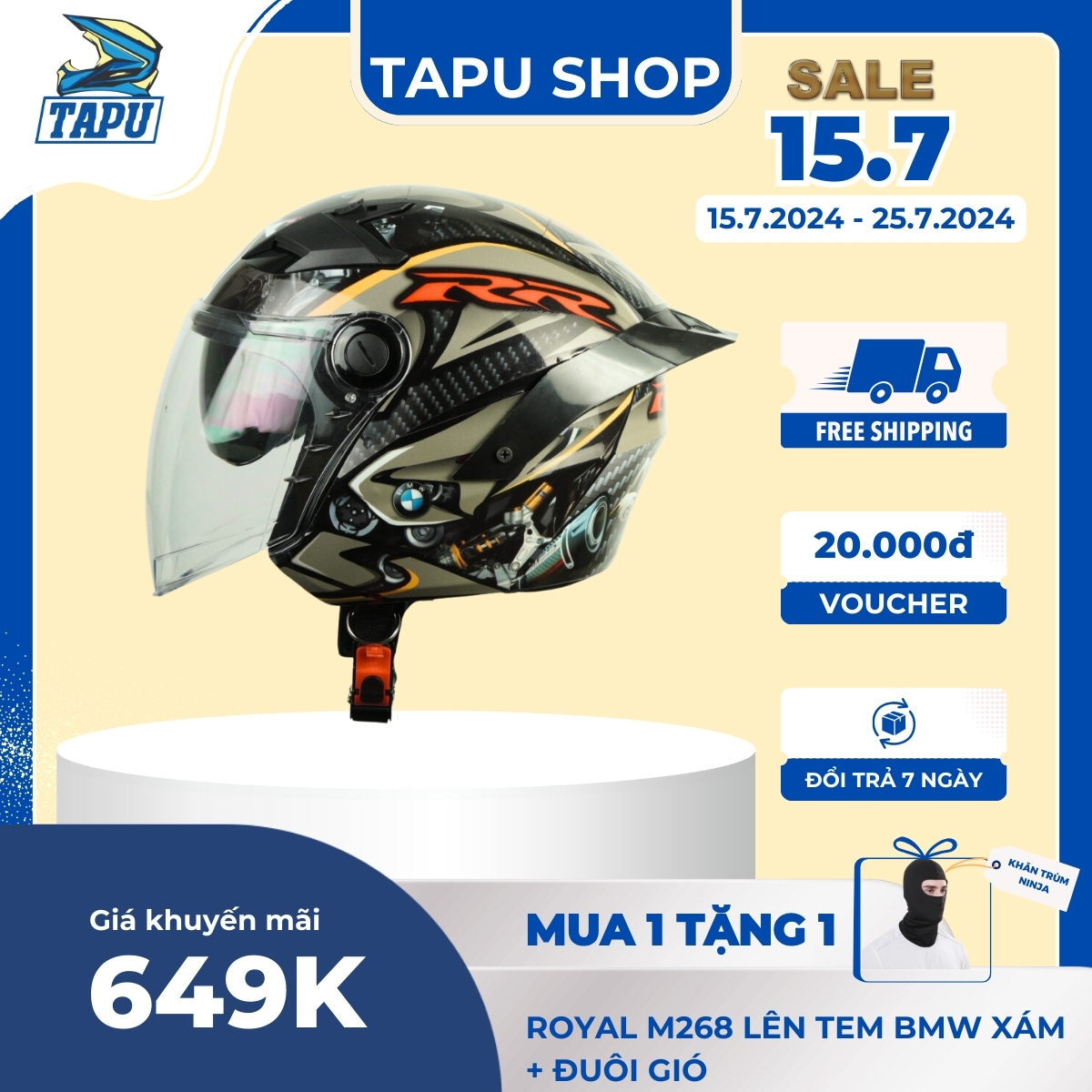 Mũ bảo hiểm 3/4 2 kính royal m268 lên tem bmw xám thêm đuôi gió pistar - tapu shop