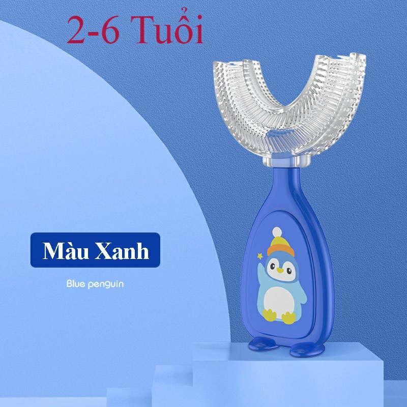 Bàn chải đánh răng chữ U trong suốt hình chim cánh cụt dành cho bé từ 2-12 tuổi