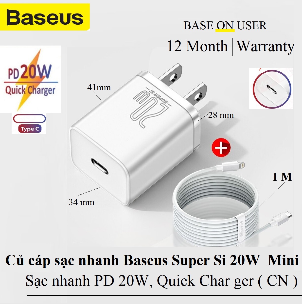 Bộ sạc nhanh lphone 20W chuẩn PD Super Si Pro Baseus - Chính Hãng Dùng cho tất cả iPhone