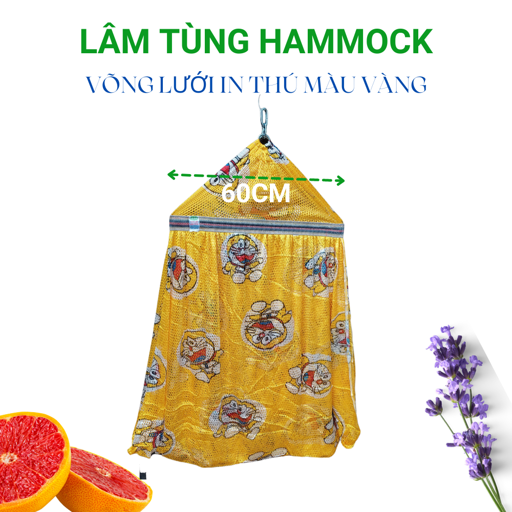 Lưới võng 2 lớp in hình Doremon màu vàng, cán thép dài 60cm, khoen lớn, lưới dày đẹp loại 1