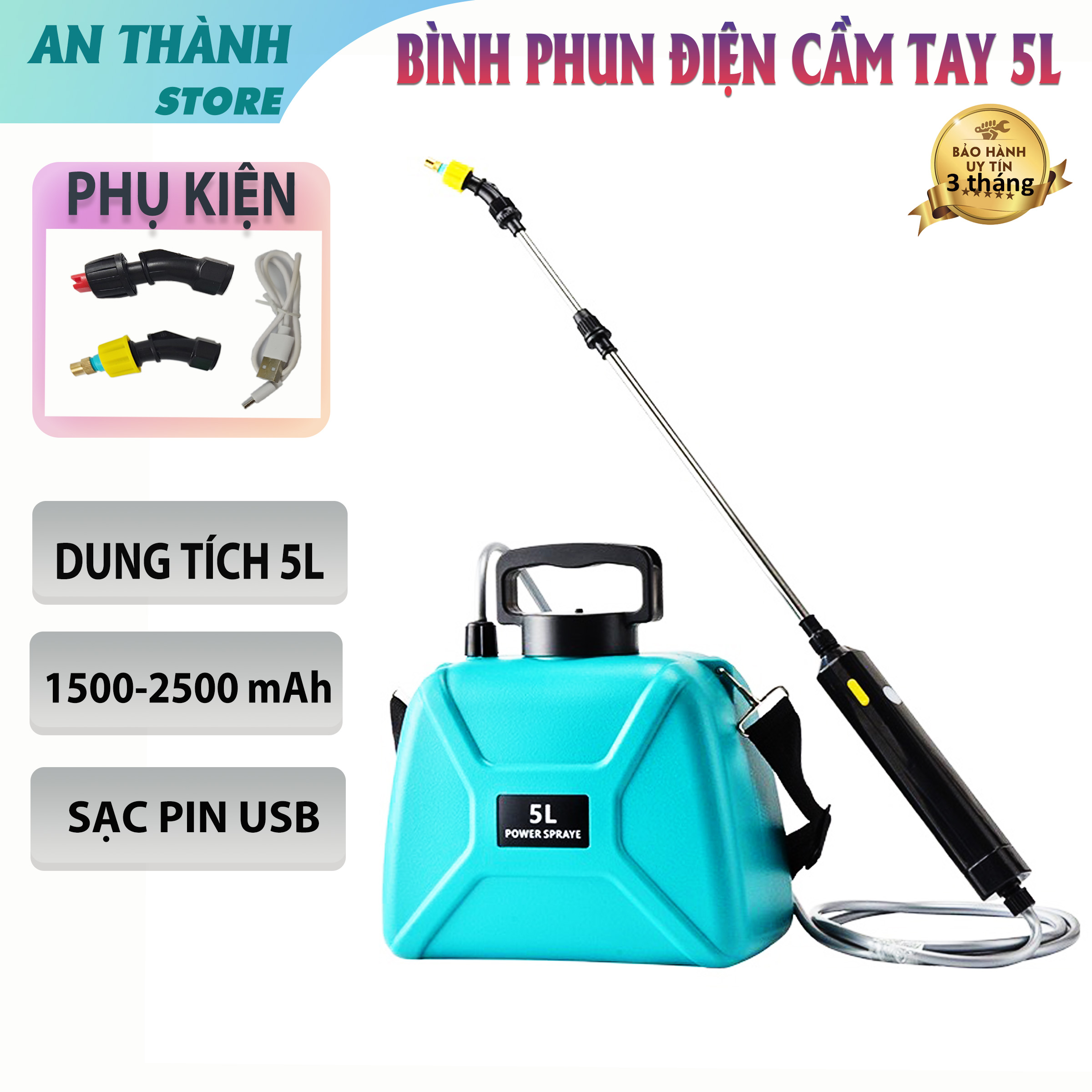 Bình phun thuốc phun sương cầm tay chạy điện 5L dùng điện sạc USB phun thuốc tưới cây hoa có quai đeo bảo hành 3 tháng