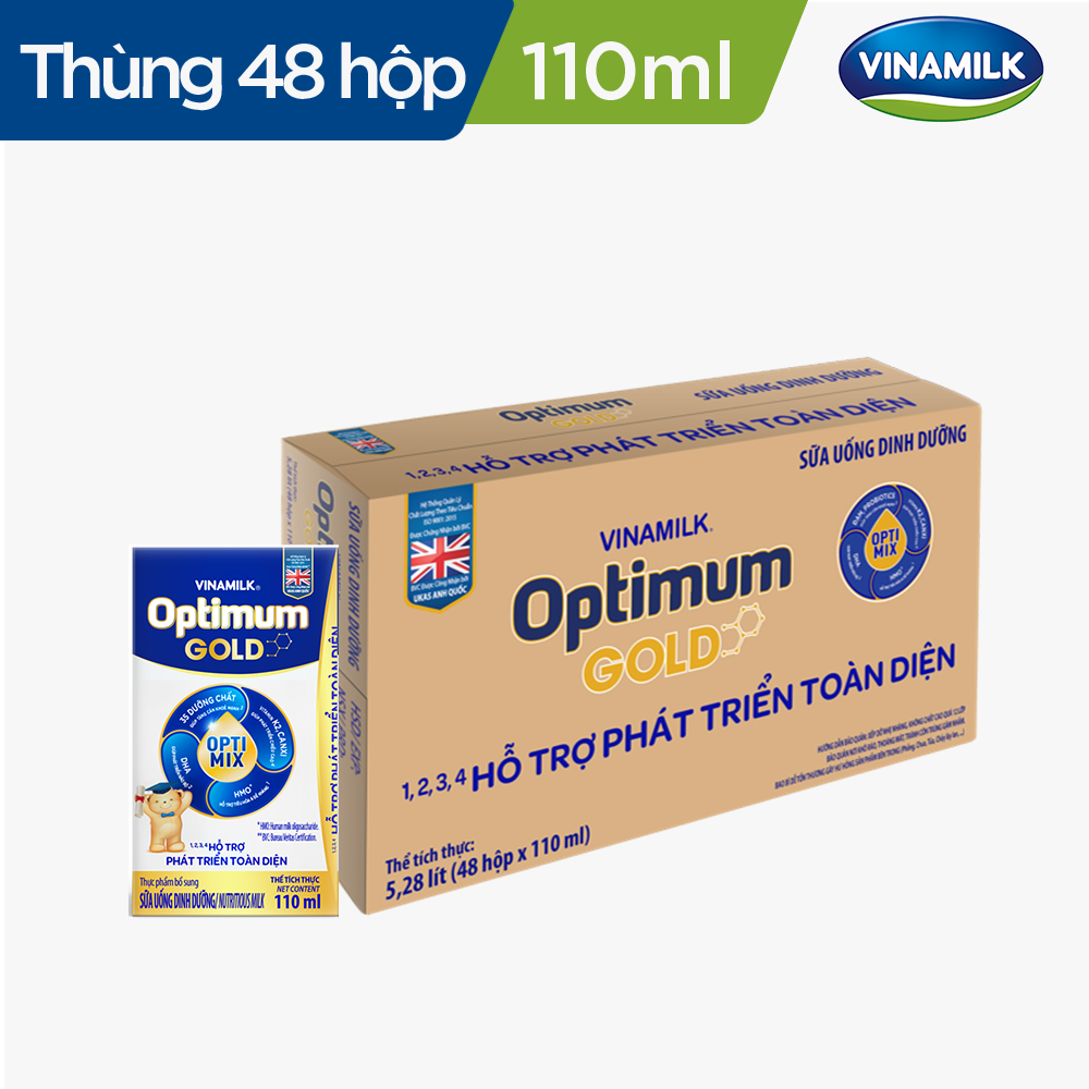Thùng 48 hộp Sữa nước Vinamilk Optimum Gold 110ml - sữa bột pha sẵn hỗ trợ Tăng cân, chiều cao, tiêu hóa, phát triển não bộ
