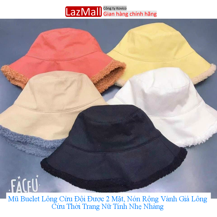 Mũ buclet lông cừu đội được 2 mặt, nón rộng vành giả lông cừu thời trang nữ tính nhẹ nhàng