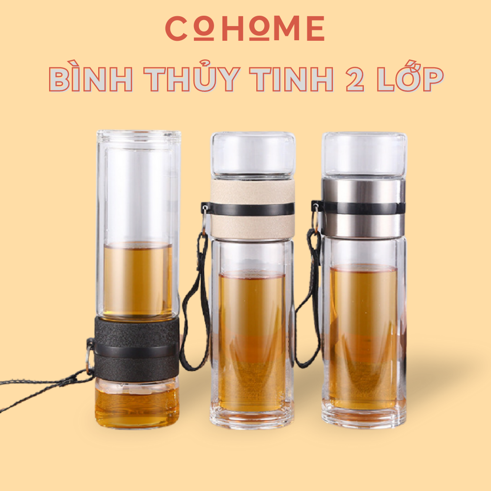 Bình pha trà thủy tinh 2 lớp chịu nhiệt cap cấp, bình có lõi lọc trà dung tích 450ml