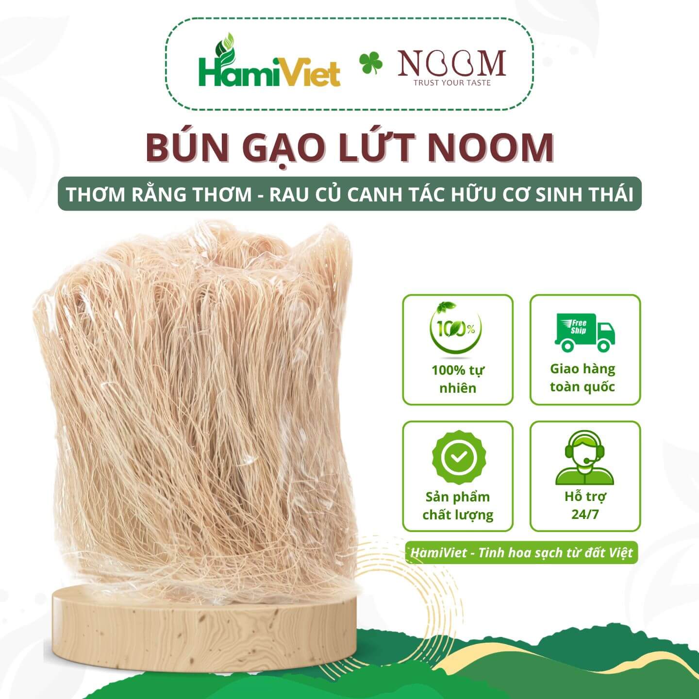 Bún gạo lứt Noom được làm từ gạo nguyên cám, không chất bảo quản, không phụ gia