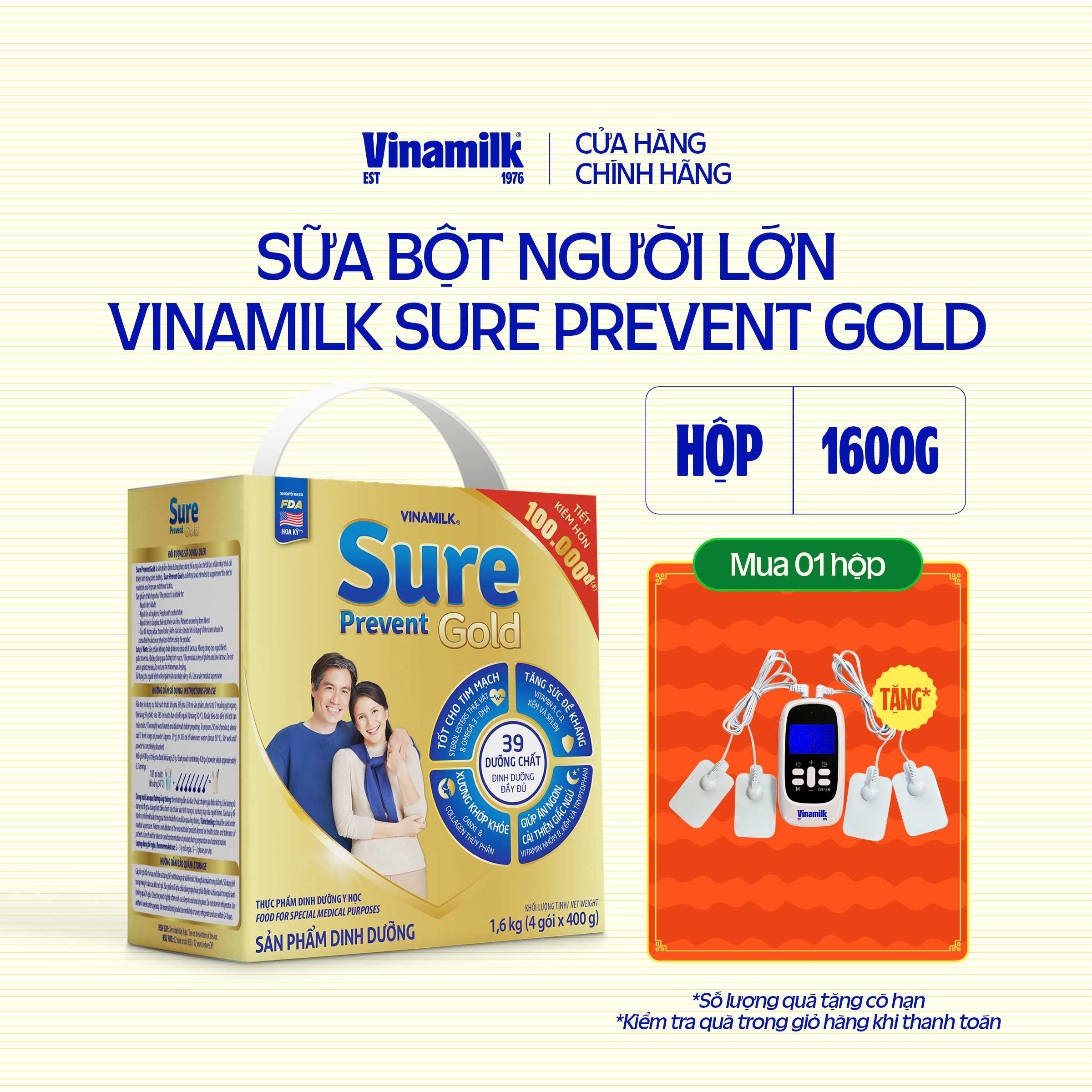 Sữa bột cho người lớn tuổi Vinamilk Sure Prevent 1600g (Hộp giấy) - bổ sung dinh dưỡng và tăng cường sức khỏe