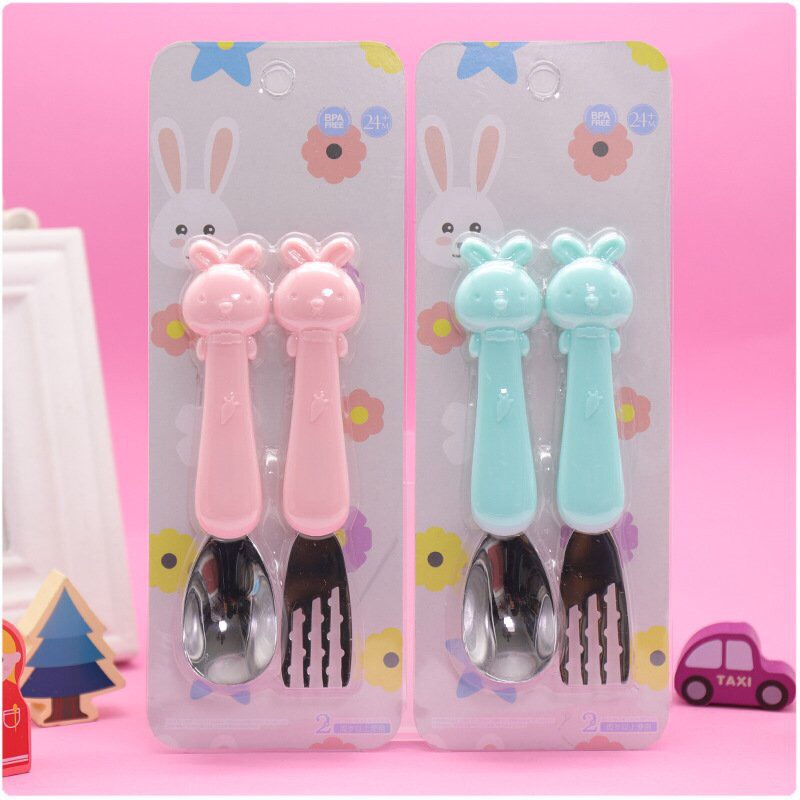 Bộ 2 muỗng nĩa inox ăn dặm cho bé yêu hình thỏ cute